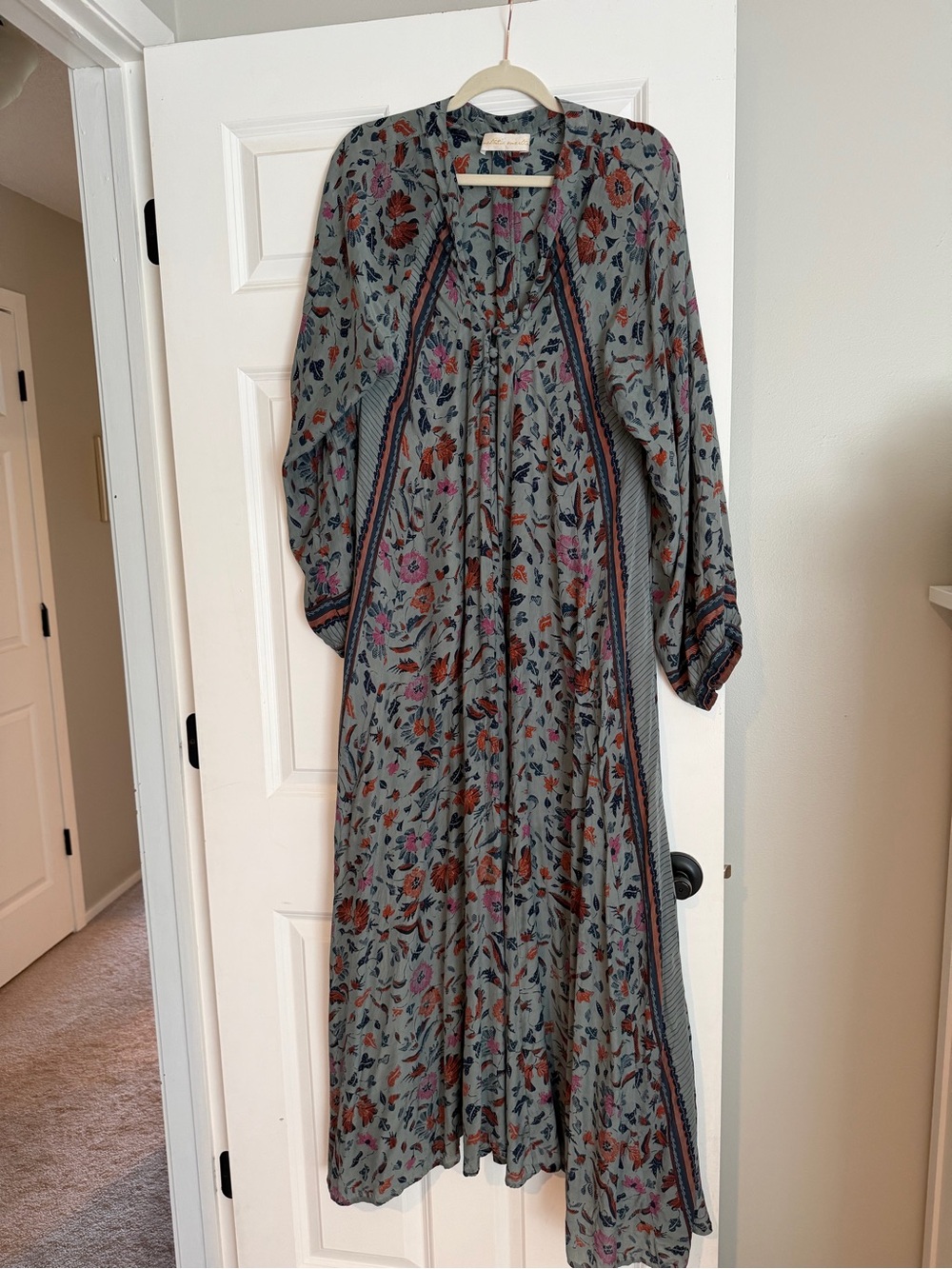 Natalie Martin 100% Silk Blue Floral Maxi Dress with Rust and Pink Accents